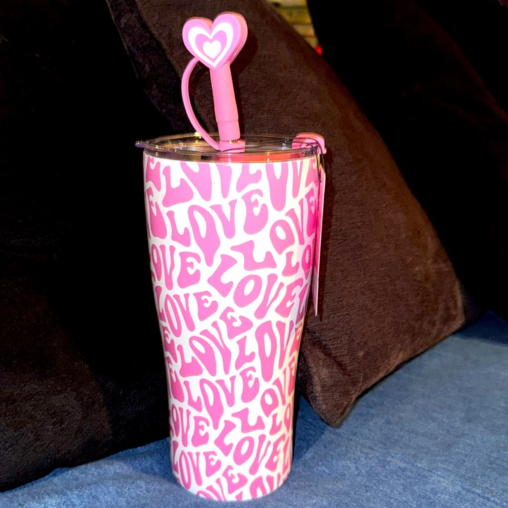 Tumbler, Double Wall Tumbler, NEW, White w/Pink LOVE all over it, Comes w/Topper